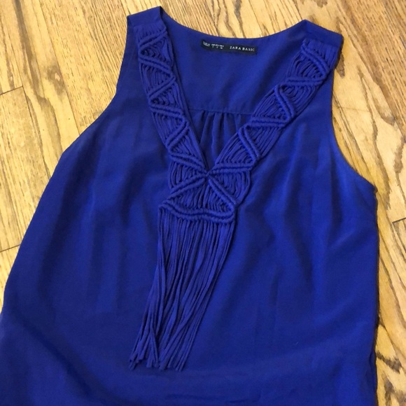Zara cobalt shift dress w/ macrame fringe neckline - Picture 2 of 6